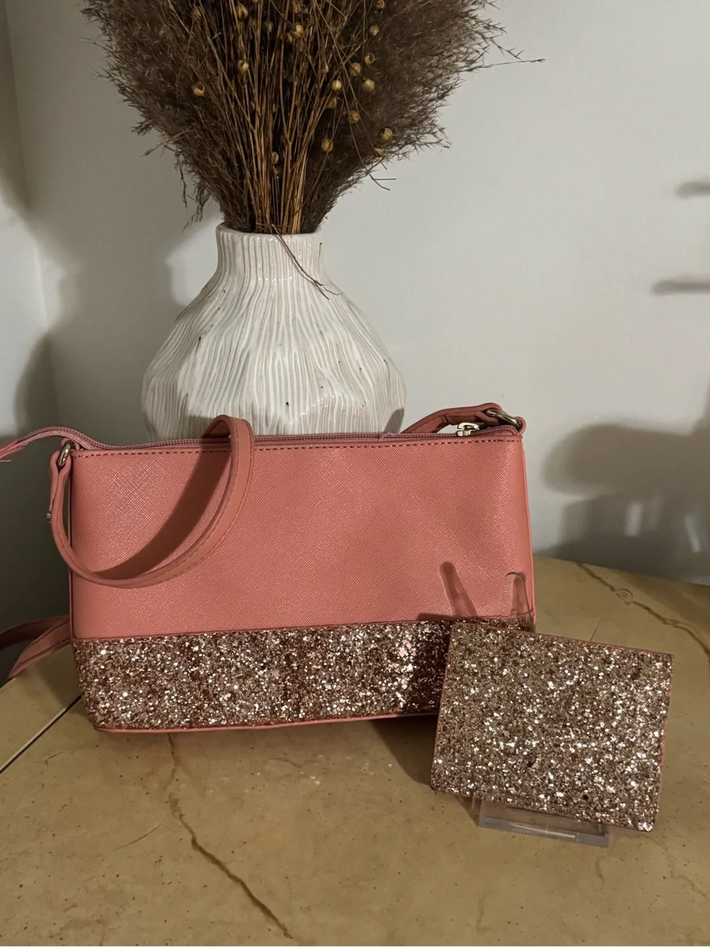 kate spade Coral Pink Crossbody with Glitter Trim & Matching Card Case